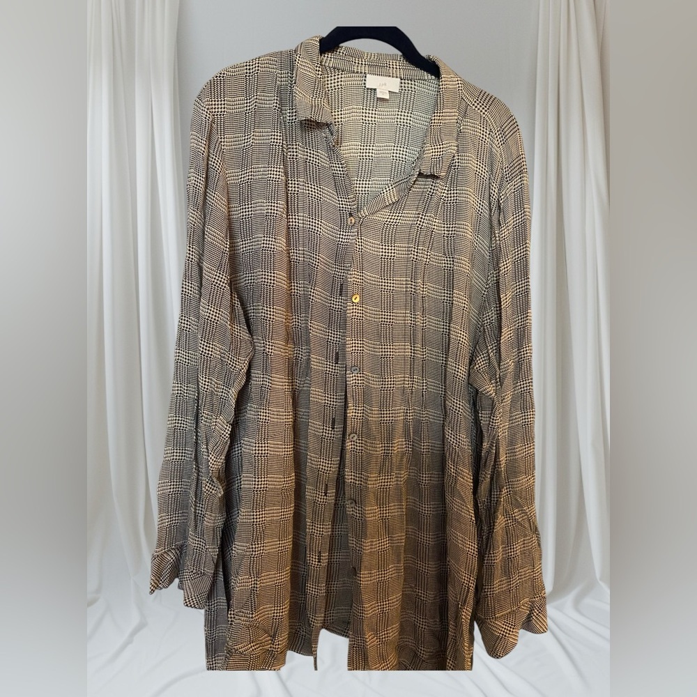 J. Jill Oversized Sheer Black and White Houndstooth Long Sleeve Blouse, Size XL